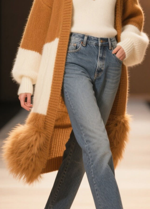 Fitted Coffee Oversized Patchwork Faux Fur Knit Long Cardigans Winter