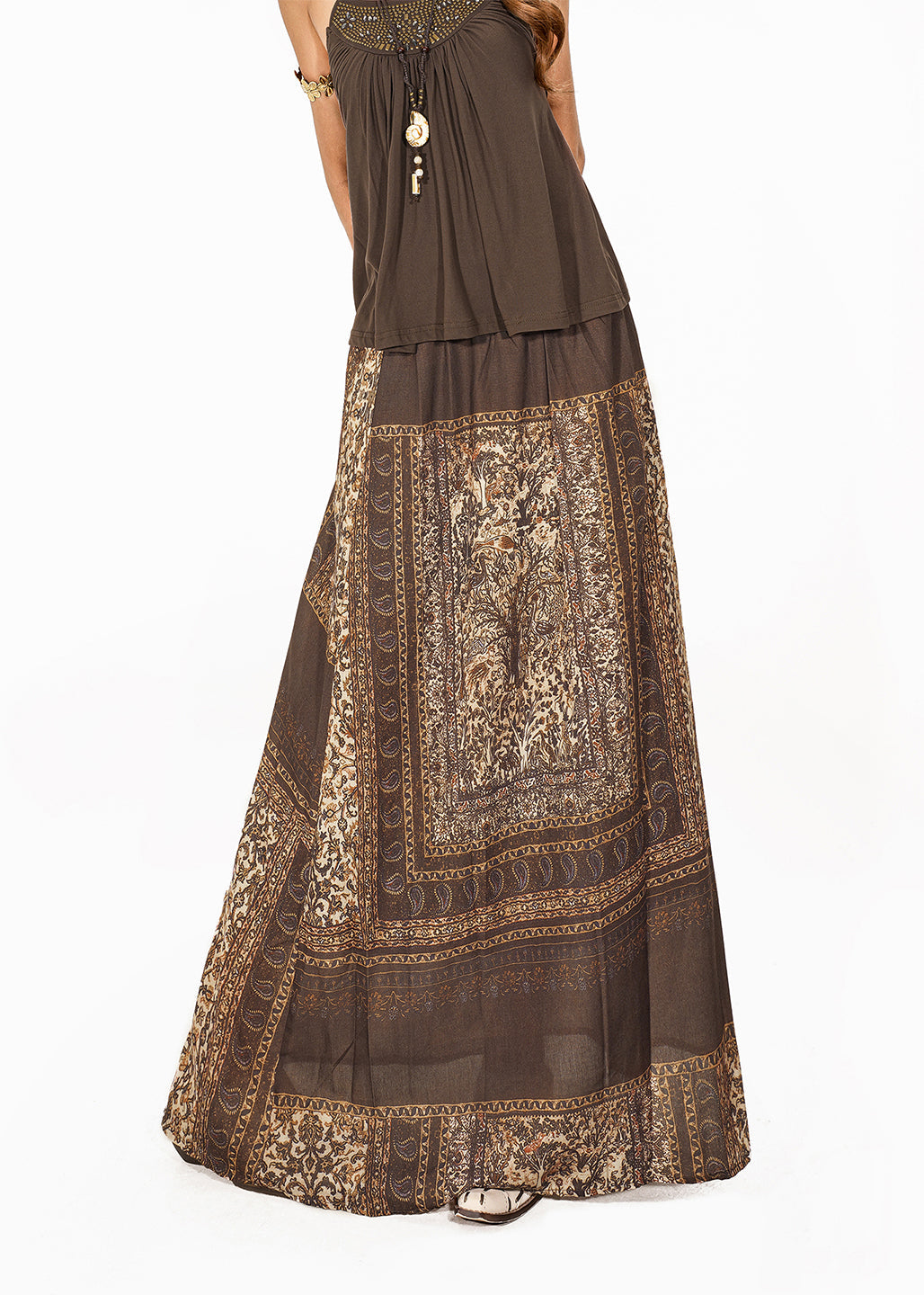 Fitted Coffee Print Elastic Waist A Line Skirt Summer