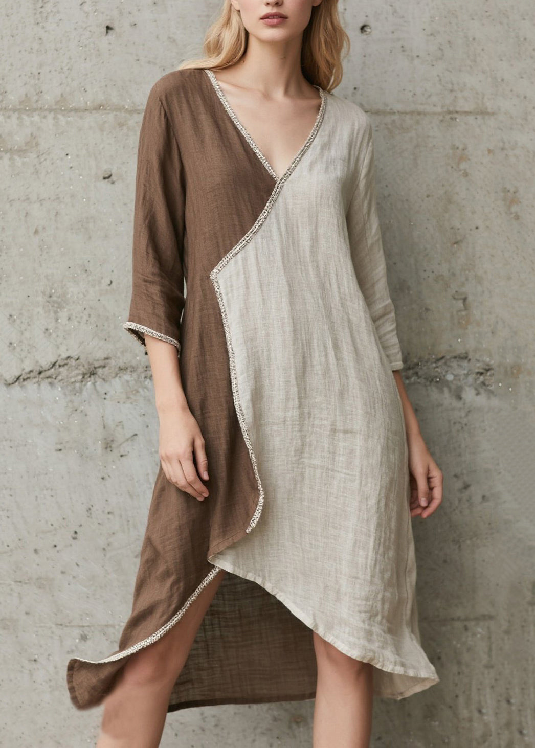 Fitted Colorblock Asymmetrical Patchwork Cotton Holiday Dress Bracelet Sleeve