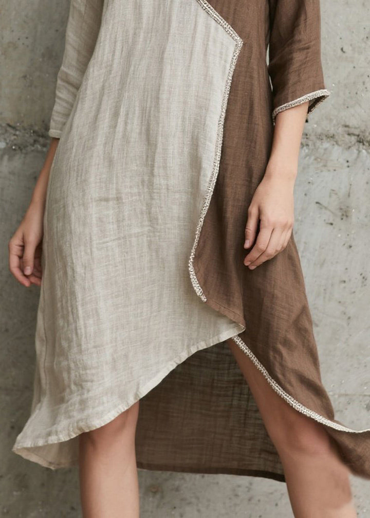 Fitted Colorblock Asymmetrical Patchwork Cotton Holiday Dress Bracelet Sleeve