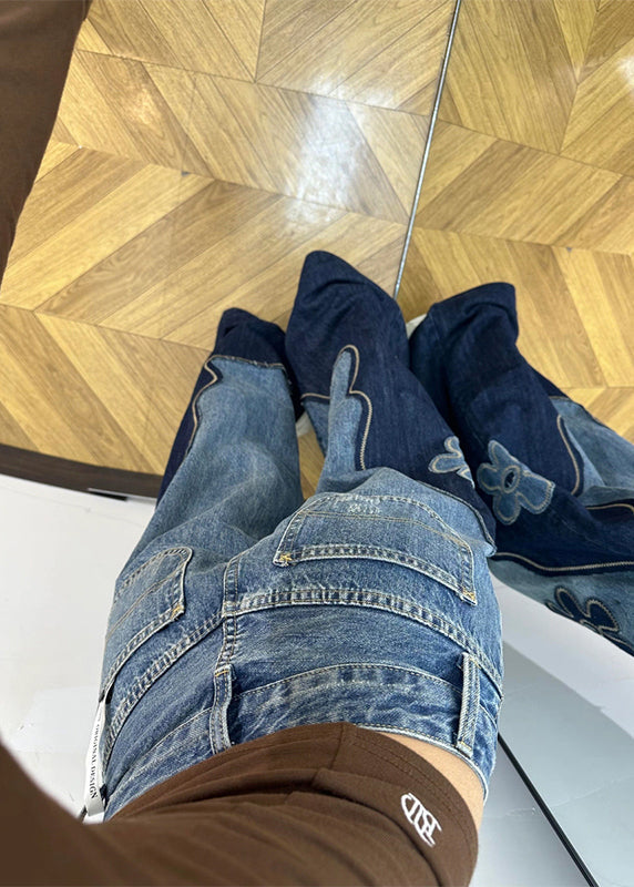 Fitted Colorblock Embroidered Floral Denim Straight Pants Spring