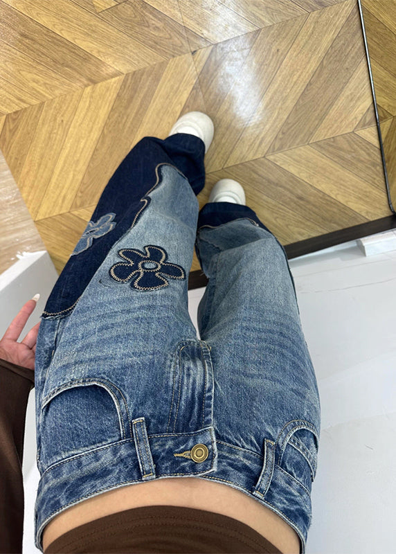 Fitted Colorblock Embroidered Floral Denim Straight Pants Spring