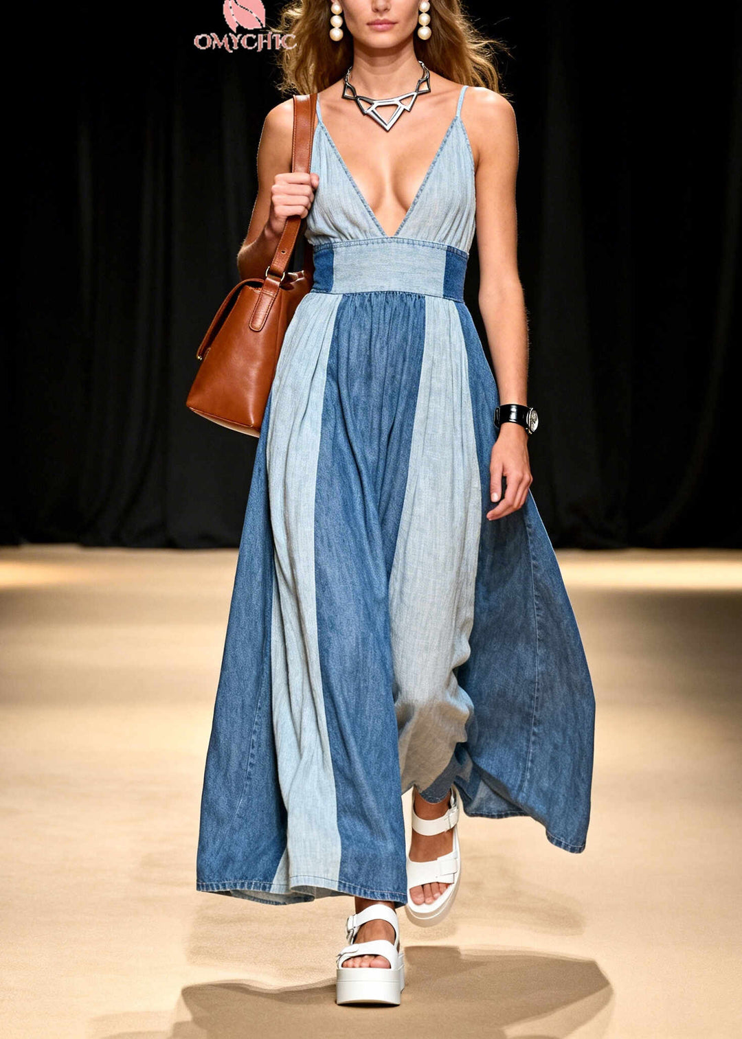 Fitted Colorblock Exra Large Hem Patchwork Denim Spaghetti Strap Dress Summer