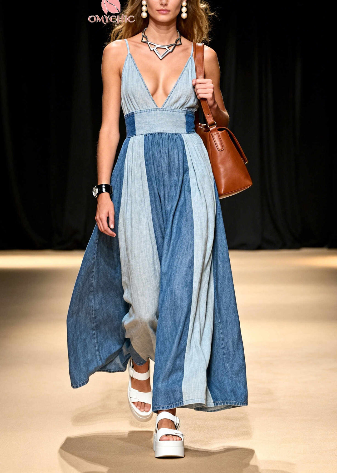 Fitted Colorblock Exra Large Hem Patchwork Denim Spaghetti Strap Dress Summer