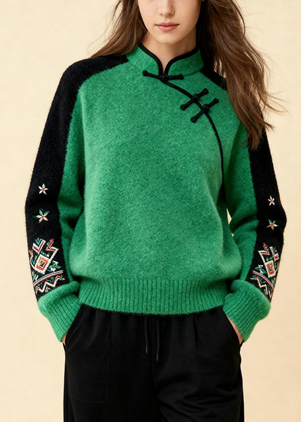 Fitted Colorblock Stand Collar Print Cotton Knit Sweater Fall