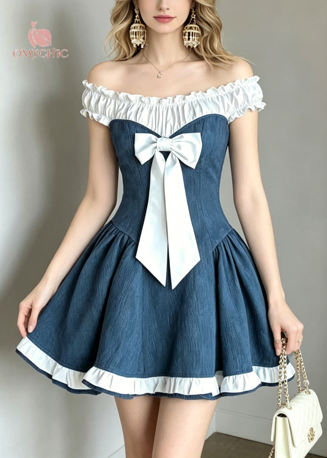 Fitted Denim Blue Cold Shoulder Patchwork Cotton Mini Dress Summer
