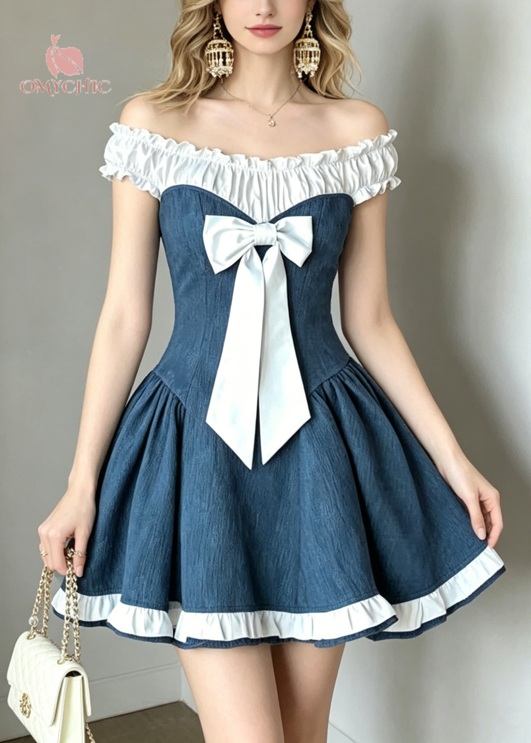 Fitted Denim Blue Cold Shoulder Patchwork Cotton Mini Dress Summer