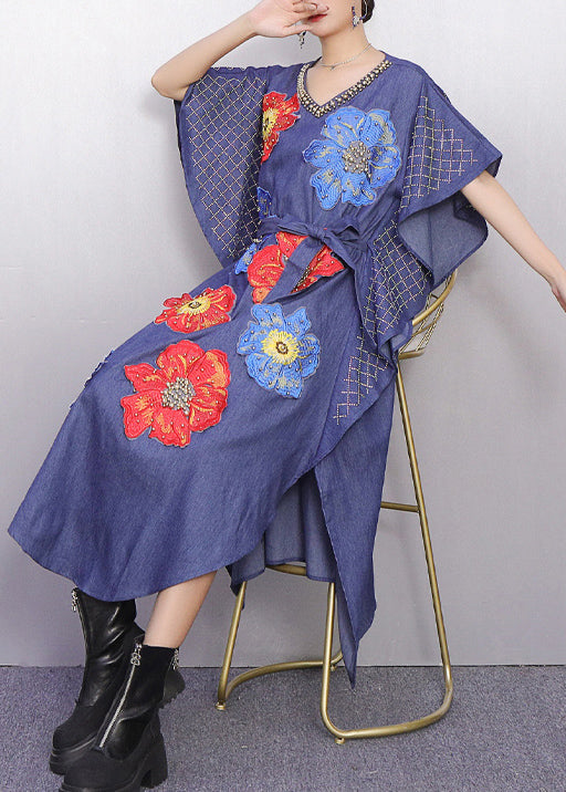 Fitted Denim Blue Floral Nail Bead Maxi Dresses Batwing Sleeve