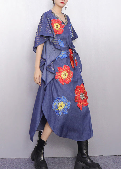 Fitted Denim Blue Floral Nail Bead Maxi Dresses Batwing Sleeve