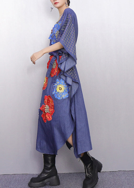 Fitted Denim Blue Floral Nail Bead Maxi Dresses Batwing Sleeve