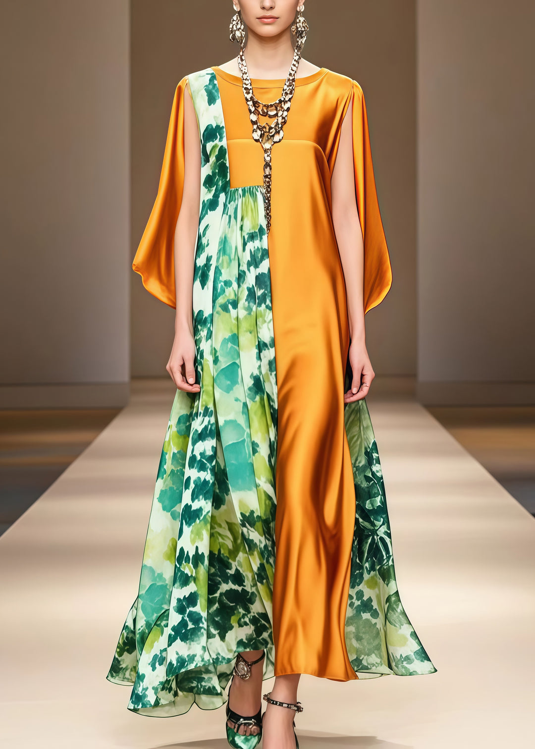 Fitted Golden Asymmetrical Patchwork Print Silk Maxi Dress Summer
