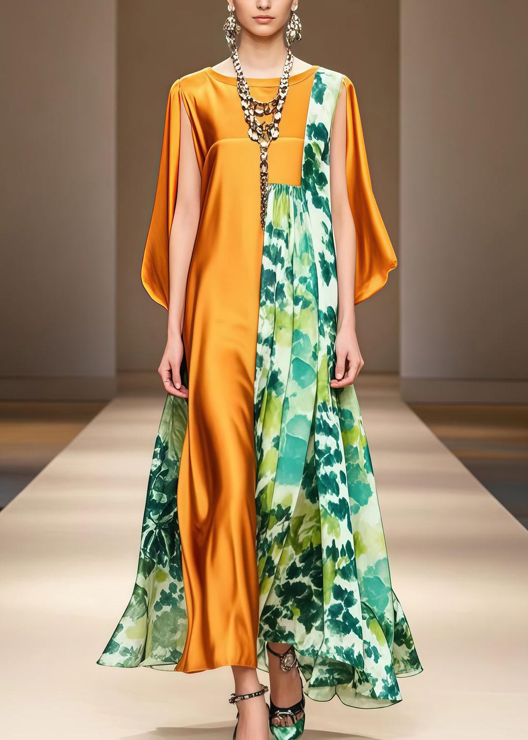 Fitted Golden Asymmetrical Patchwork Print Silk Maxi Dress Summer