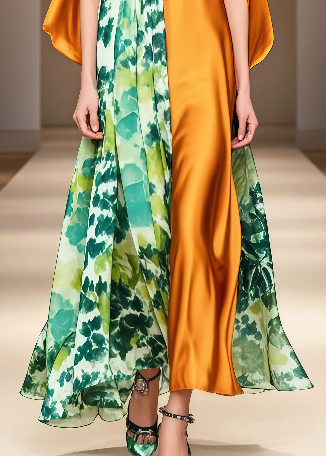 Fitted Golden Asymmetrical Patchwork Print Silk Maxi Dress Summer