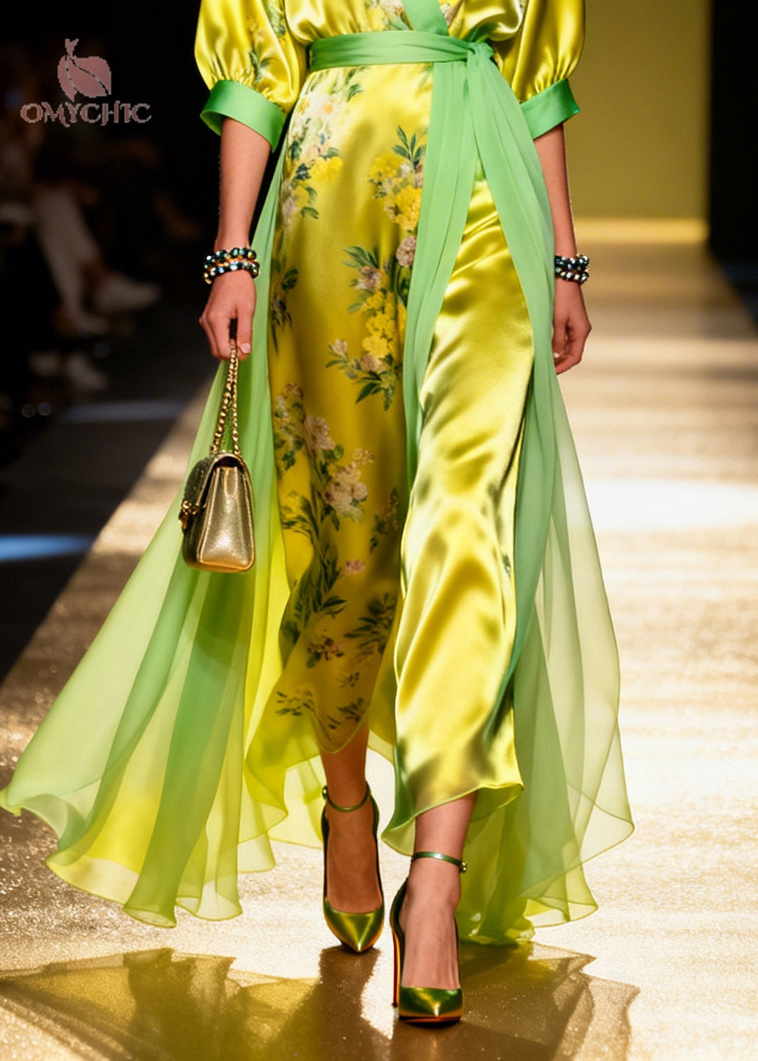 Fitted Grass Green Print Tulle Patchwork Silk Party Dresses Summer