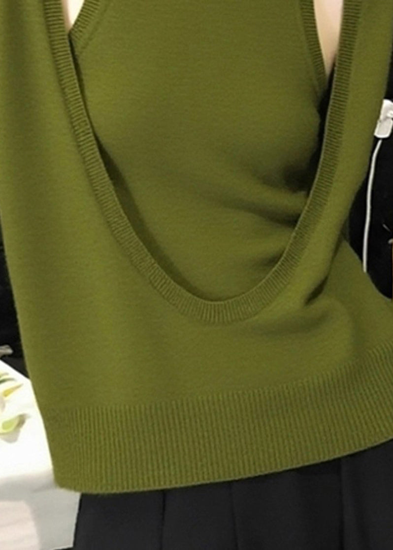 Fitted Green O-Neck Cotton Knit Top And Vest Two Piece Set Fall