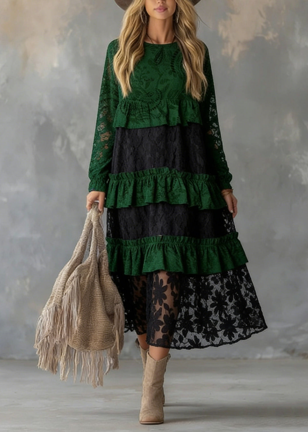 Fitted Green O Neck Ruffled Lace atchwork Cotton Dress Spring