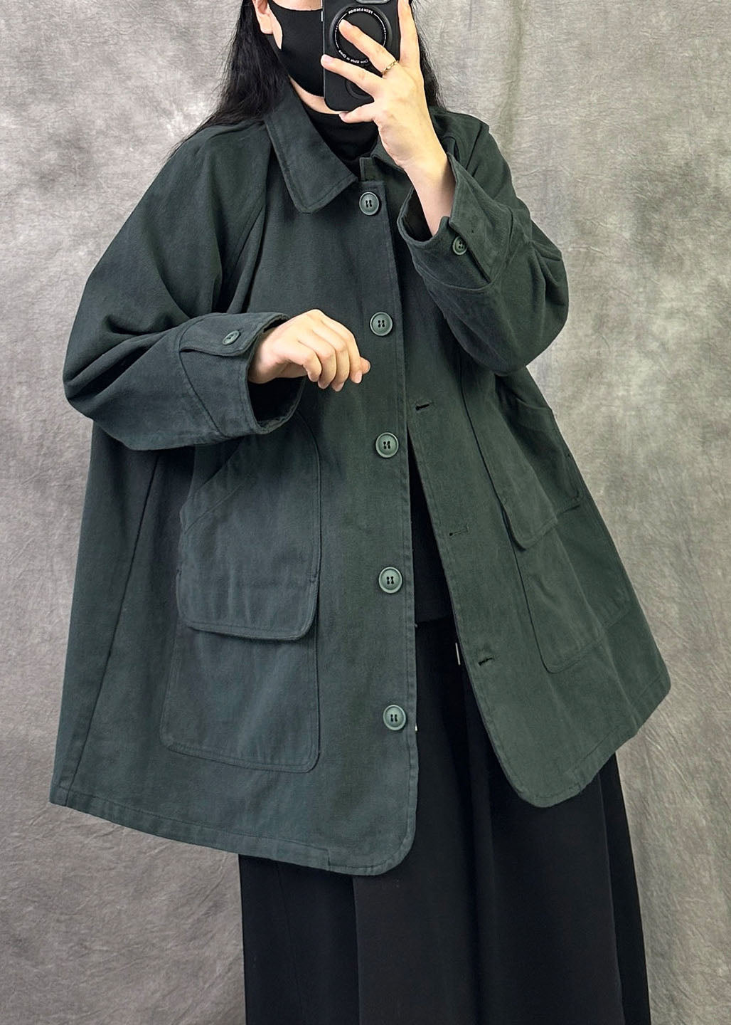 Fitted Green Oversized Pockets Patchwork Cotton Coats Fall