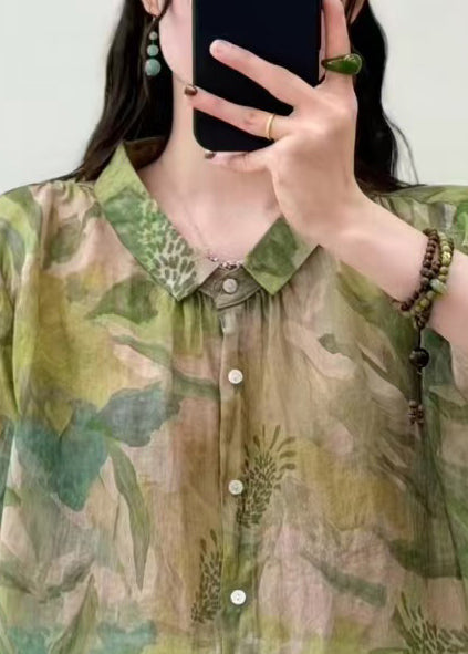 Fitted Green Oversized Print Linen Shirt Tops Half Sleeve