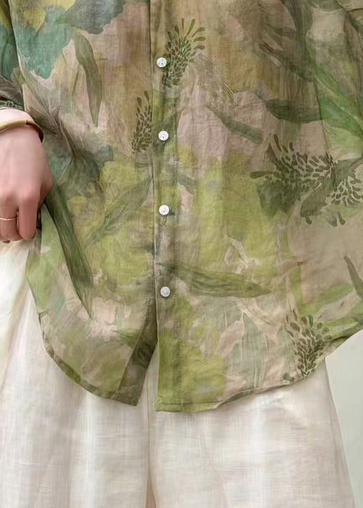 Fitted Green Oversized Print Linen Shirt Tops Half Sleeve