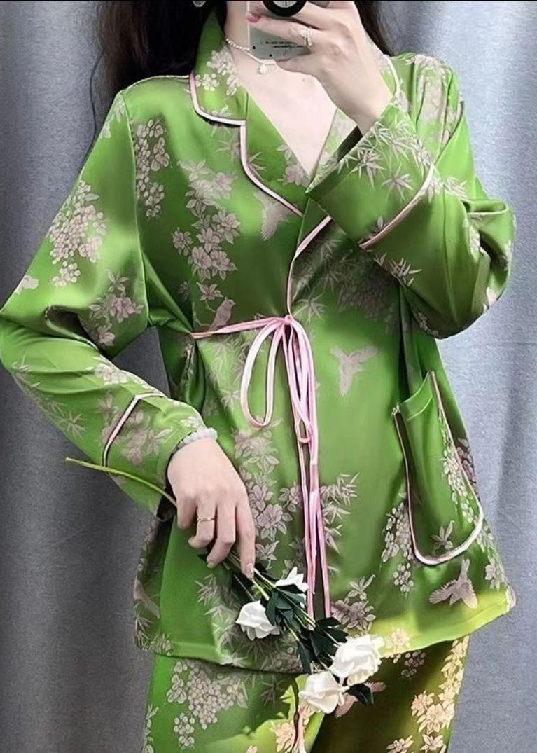 Fitted Green Peter Pan Collar Print Ice Silk Two Pieces Set Spring