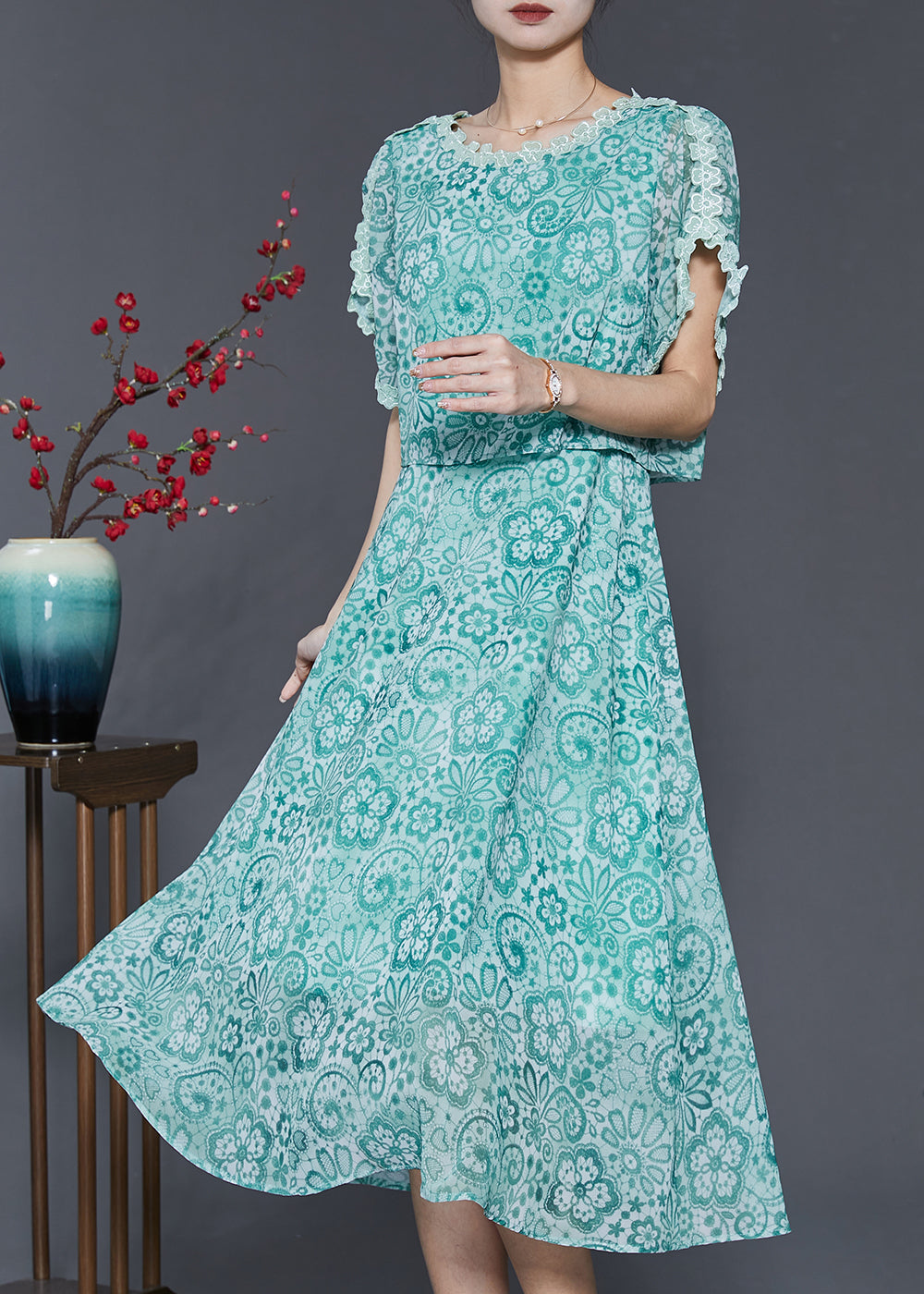 Fitted Green Print Patchwork Chiffon Dresses Summer