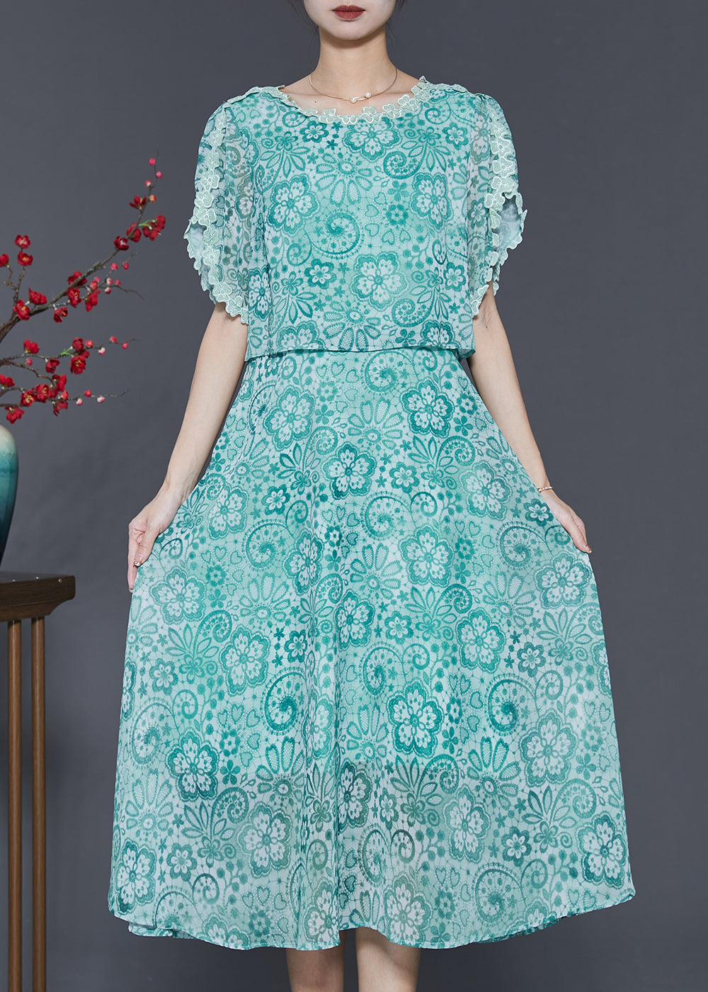 Fitted Green Print Patchwork Chiffon Dresses Summer