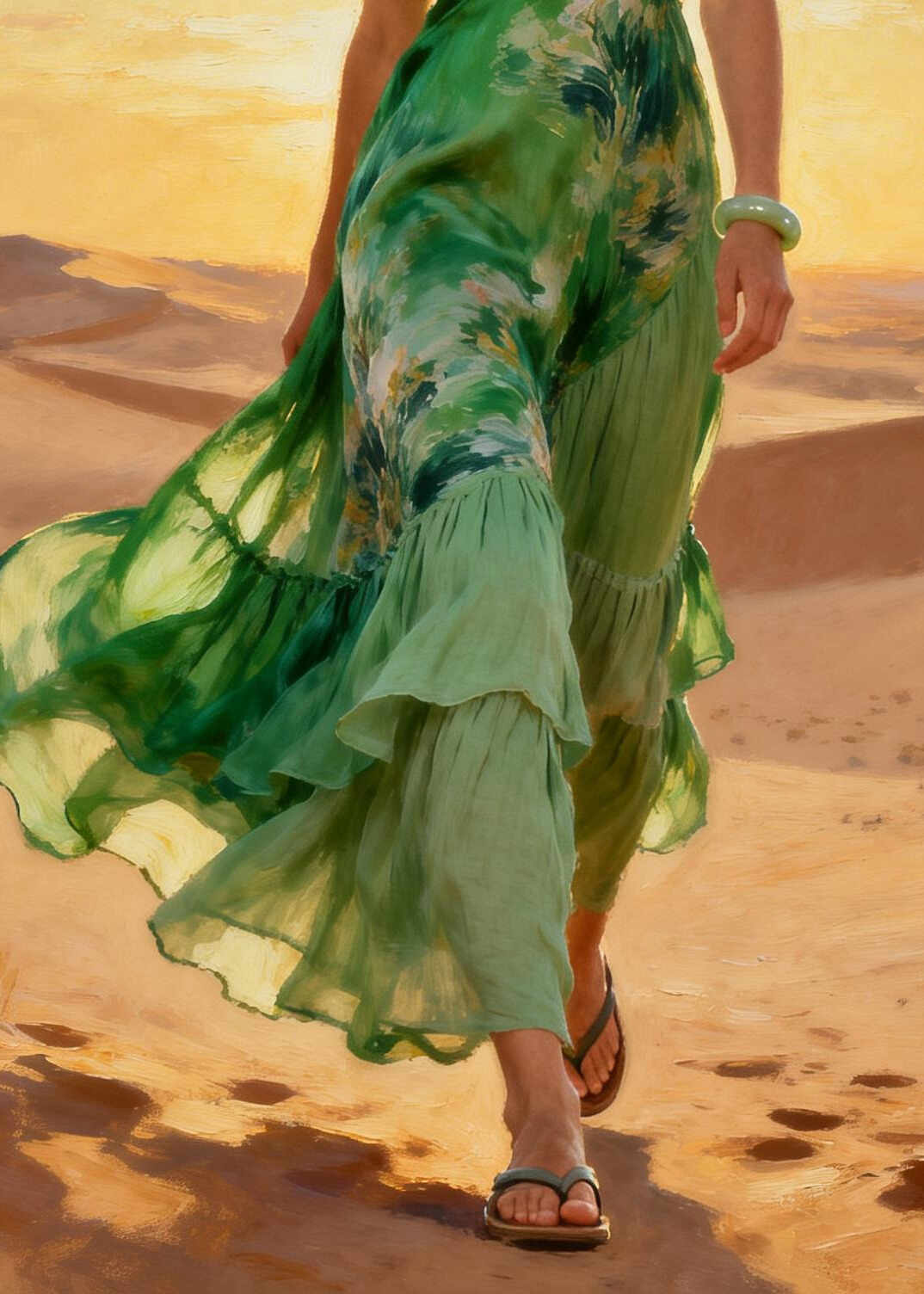Fitted Green Print Patchwork Exra Large Hem Chiffon Robe Dresses Summer