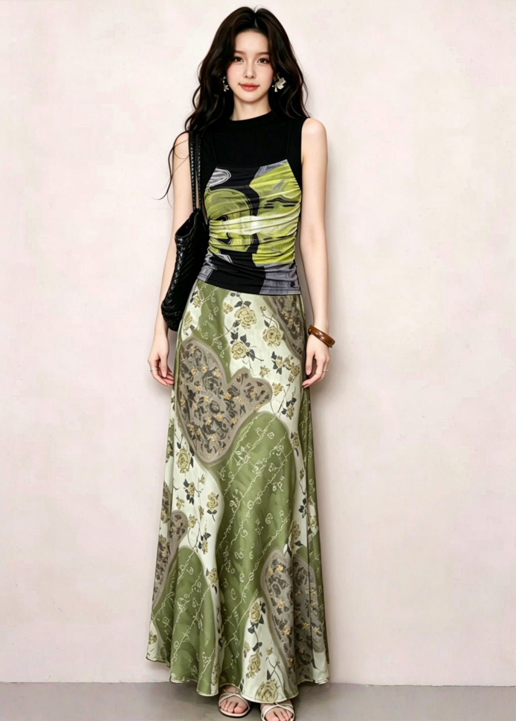 Fitted Green Print Top And Maxi Skirts Two Piece Set Sleeveless