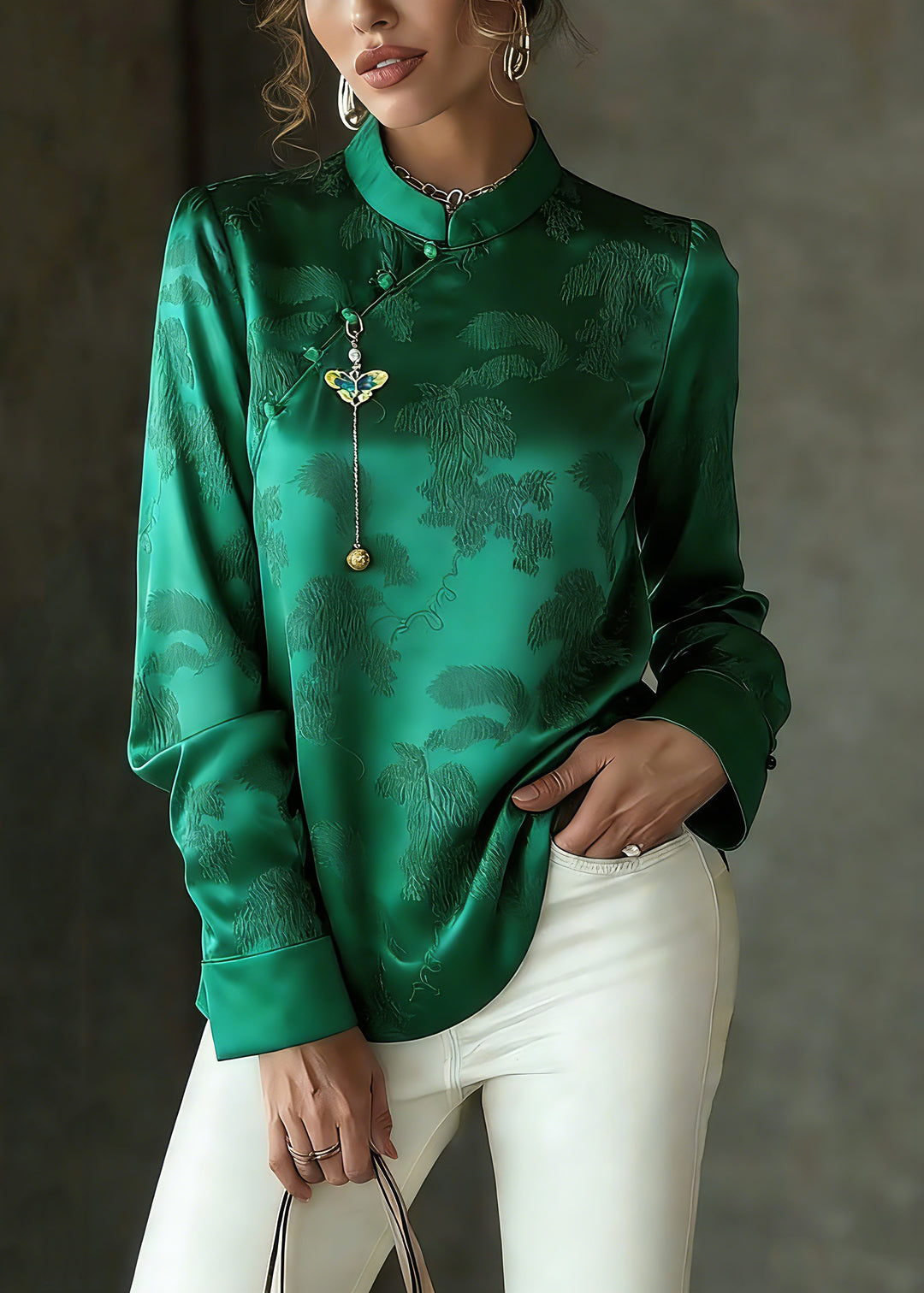 Fitted Green Stand Collar Embroidered Silk Shirts Spring