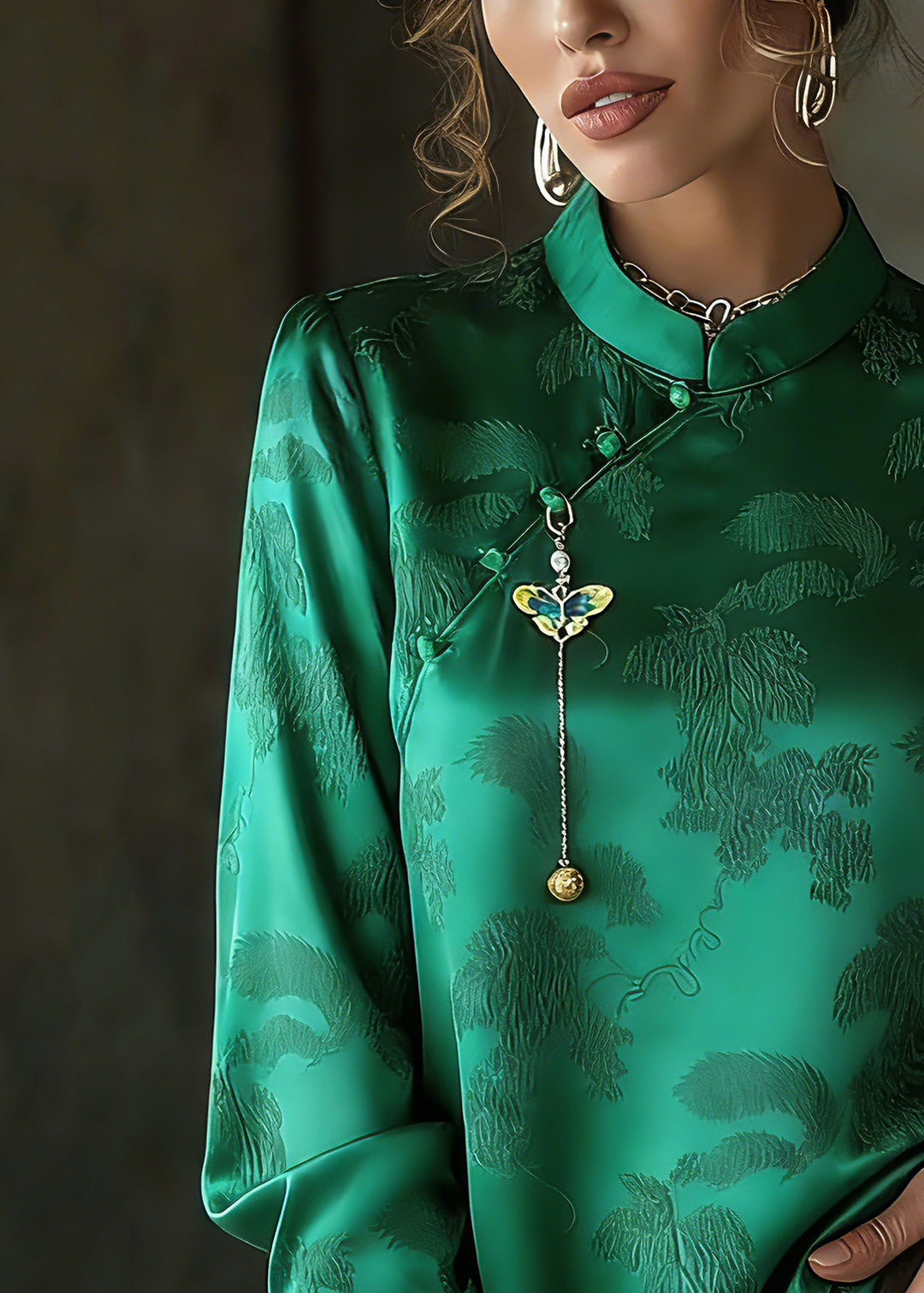 Fitted Green Stand Collar Embroidered Silk Shirts Spring