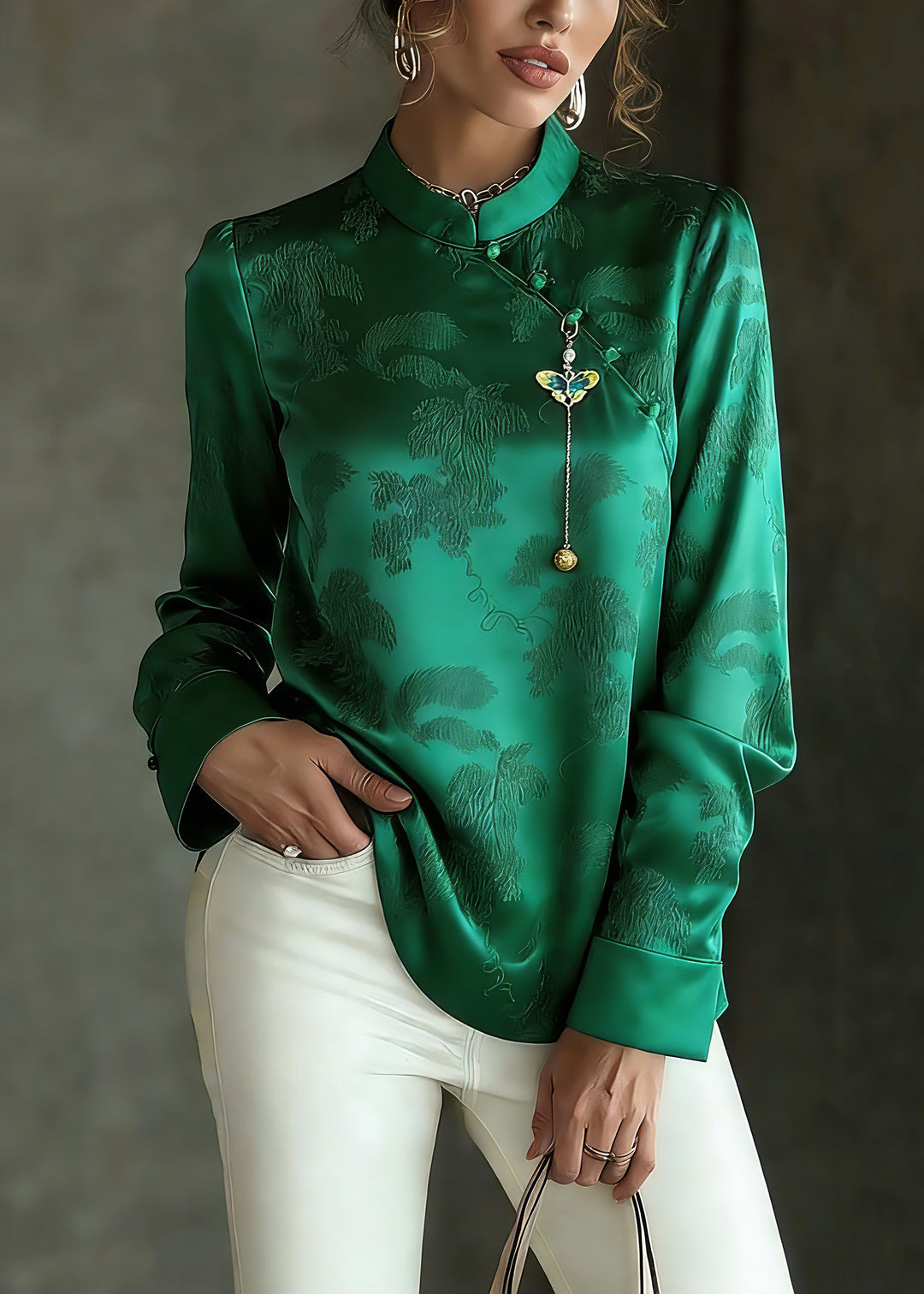 Fitted Green Stand Collar Embroidered Silk Shirts Spring