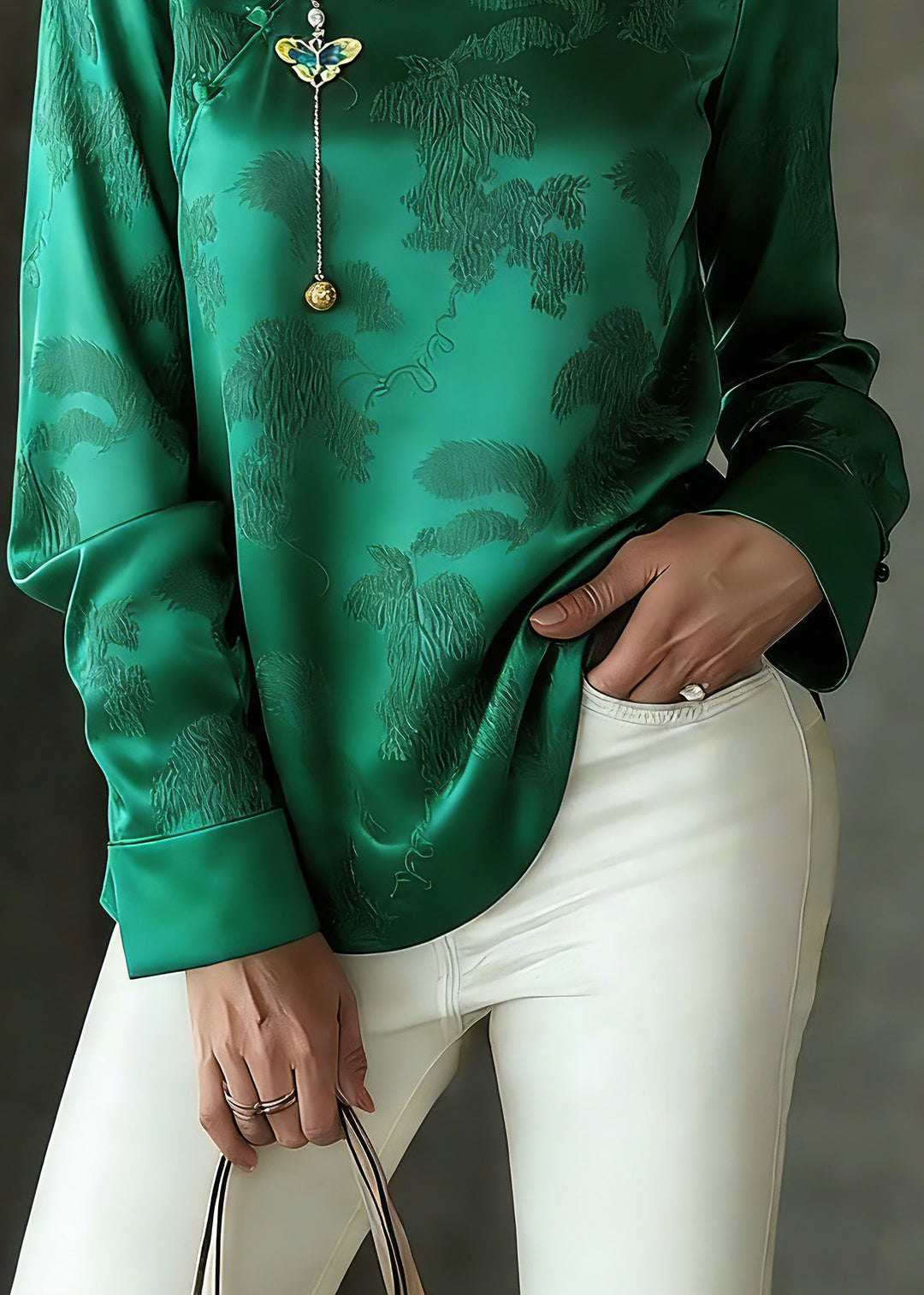 Fitted Green Stand Collar Embroidered Silk Shirts Spring