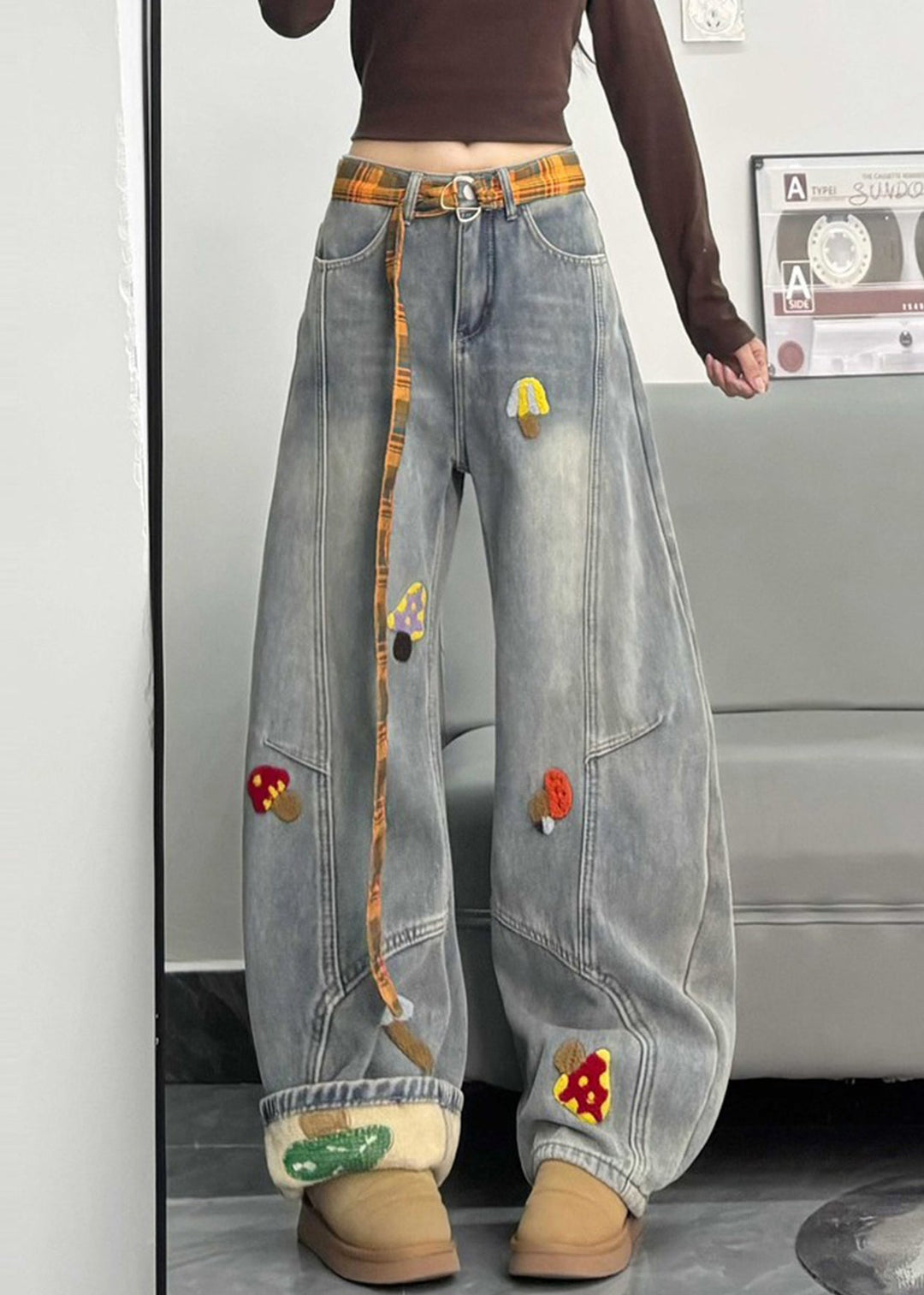 Fitted Grey Embroidered Patchwork DenimWarm Fleece Pants Winter