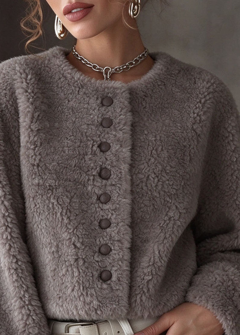Fitted Grey O-Neck Patchwork Faux Fur Coat Long Sleeve