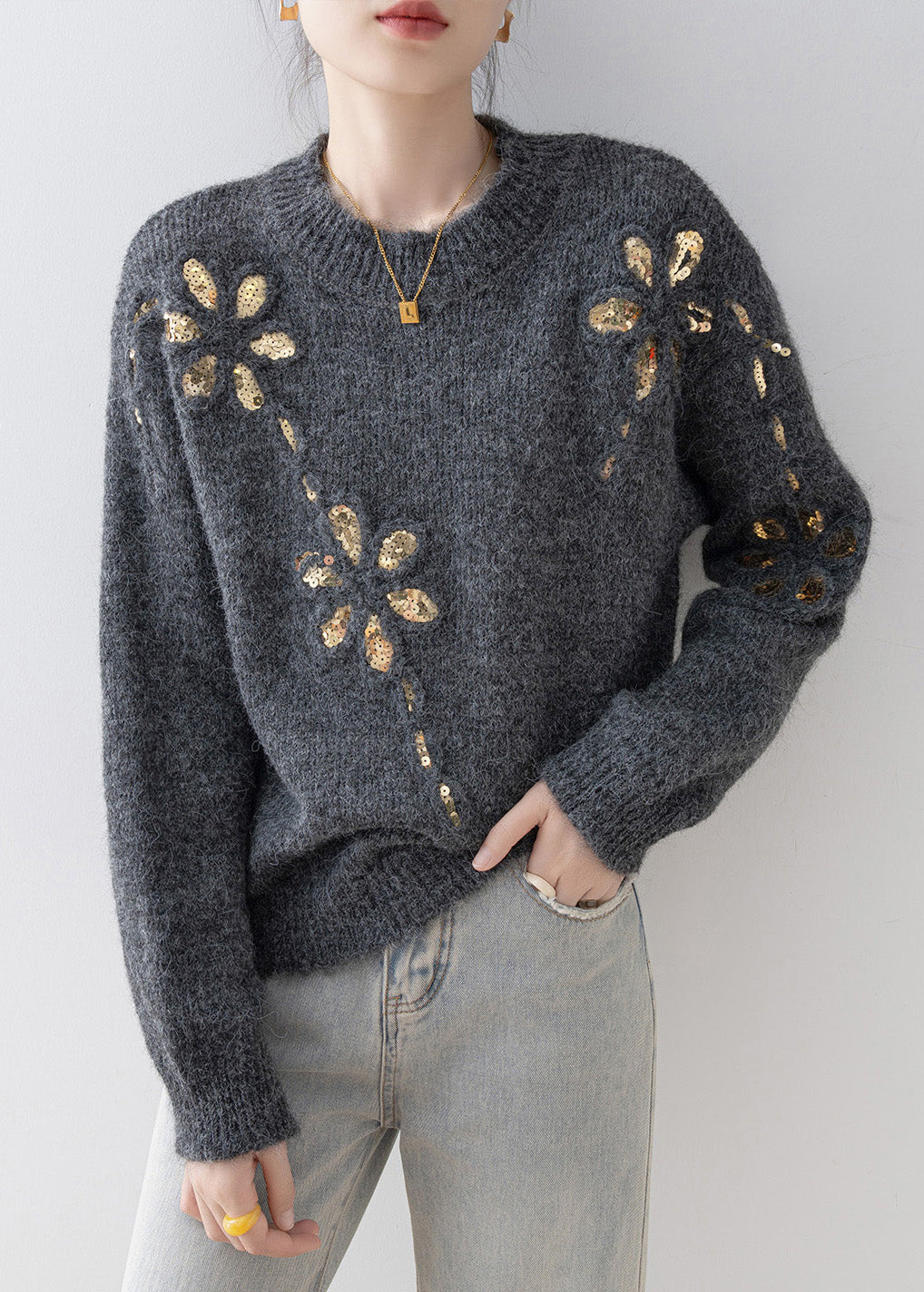 Fitted Grey O Neck Sequins Loose Knit Sweaters Spring