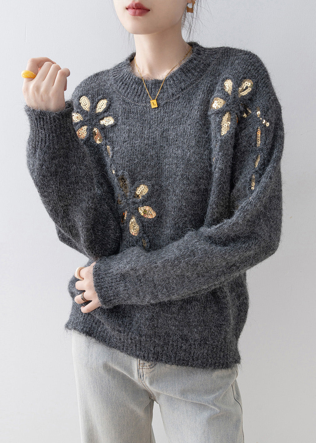 Fitted Grey O Neck Sequins Loose Knit Sweaters Spring