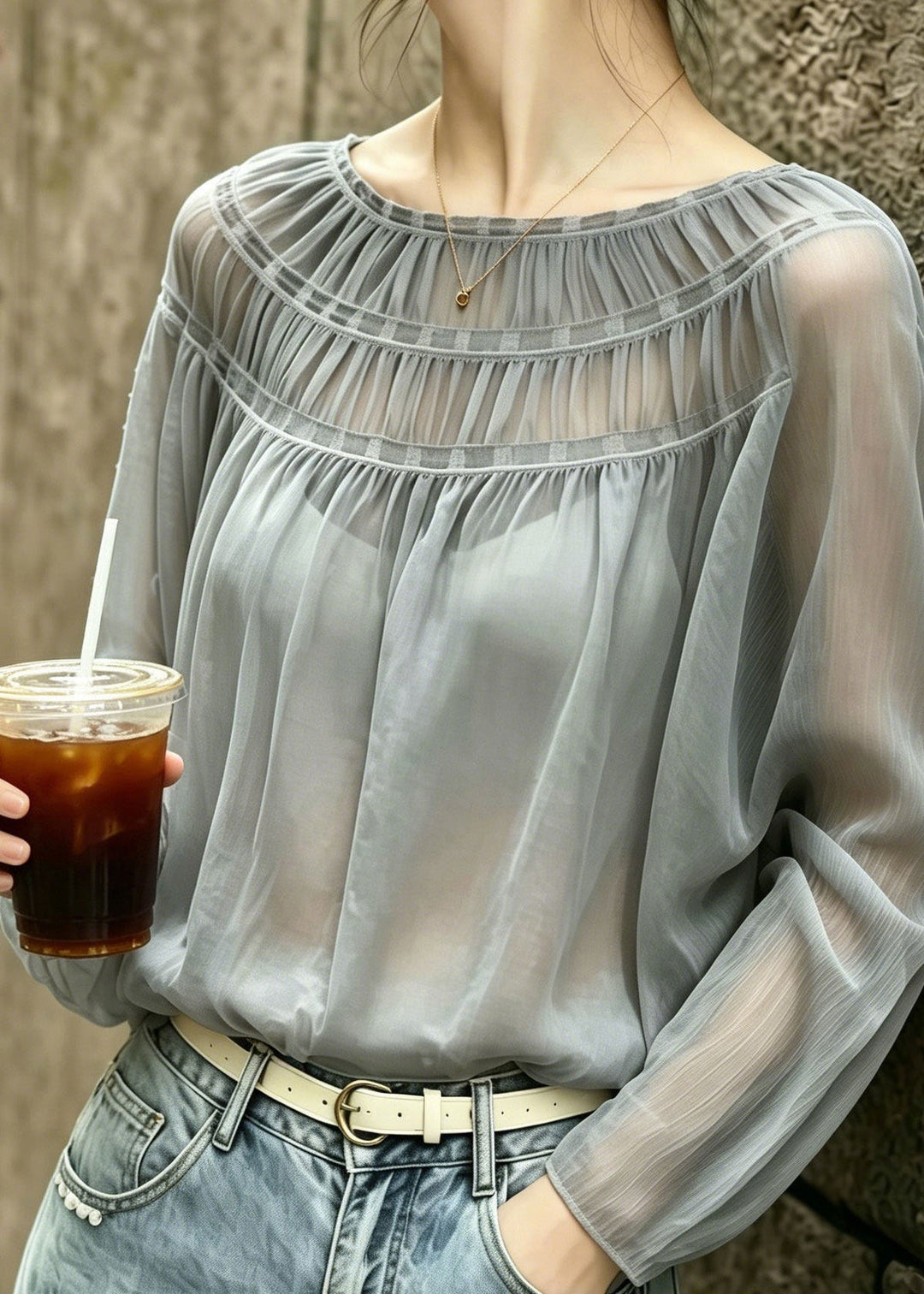 Fitted Grey O-Neck Wrinkled Chiffon Blouses Summer