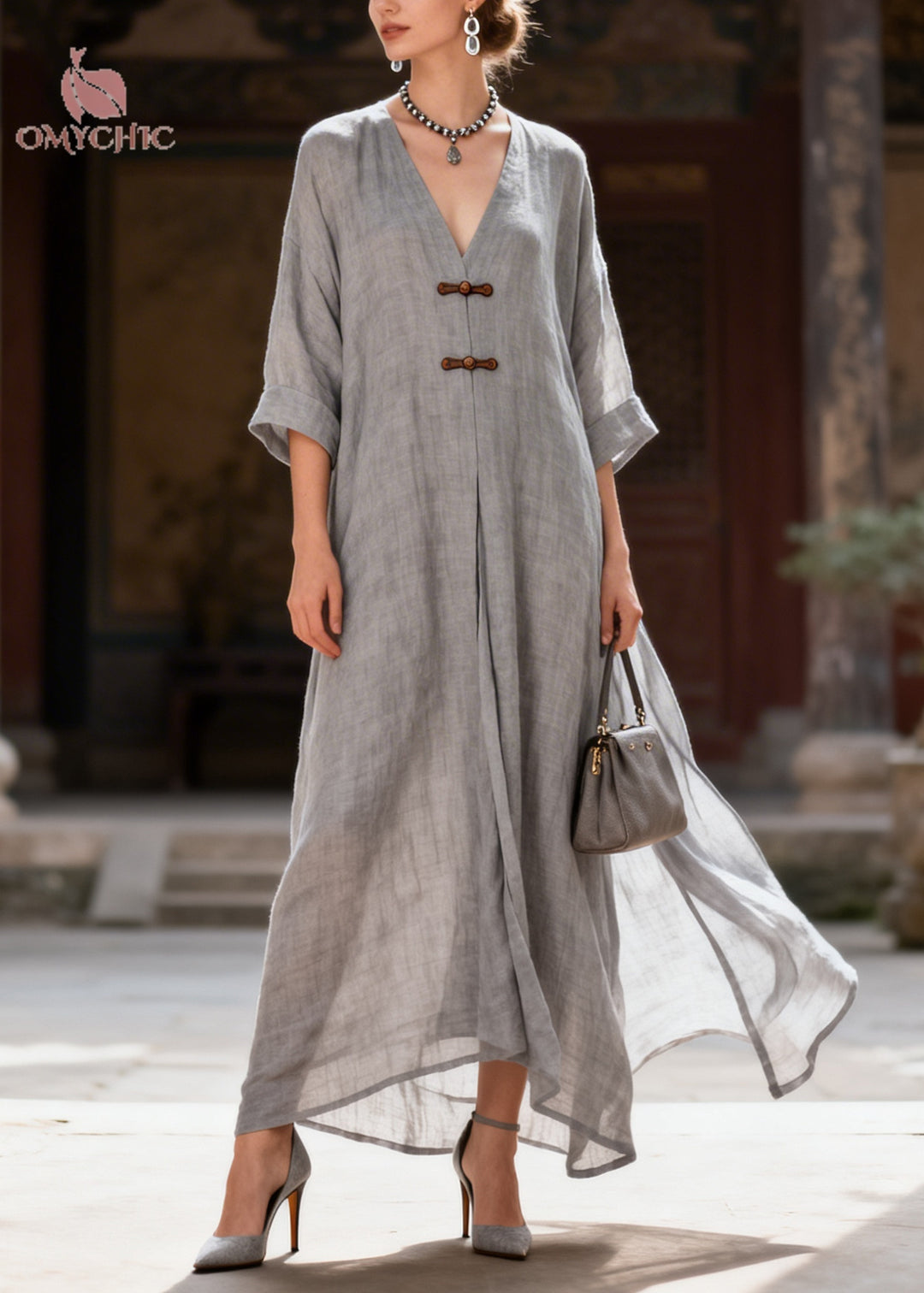 Fitted Grey Oversized Chinese Button Cotton Robe Dresses Summer