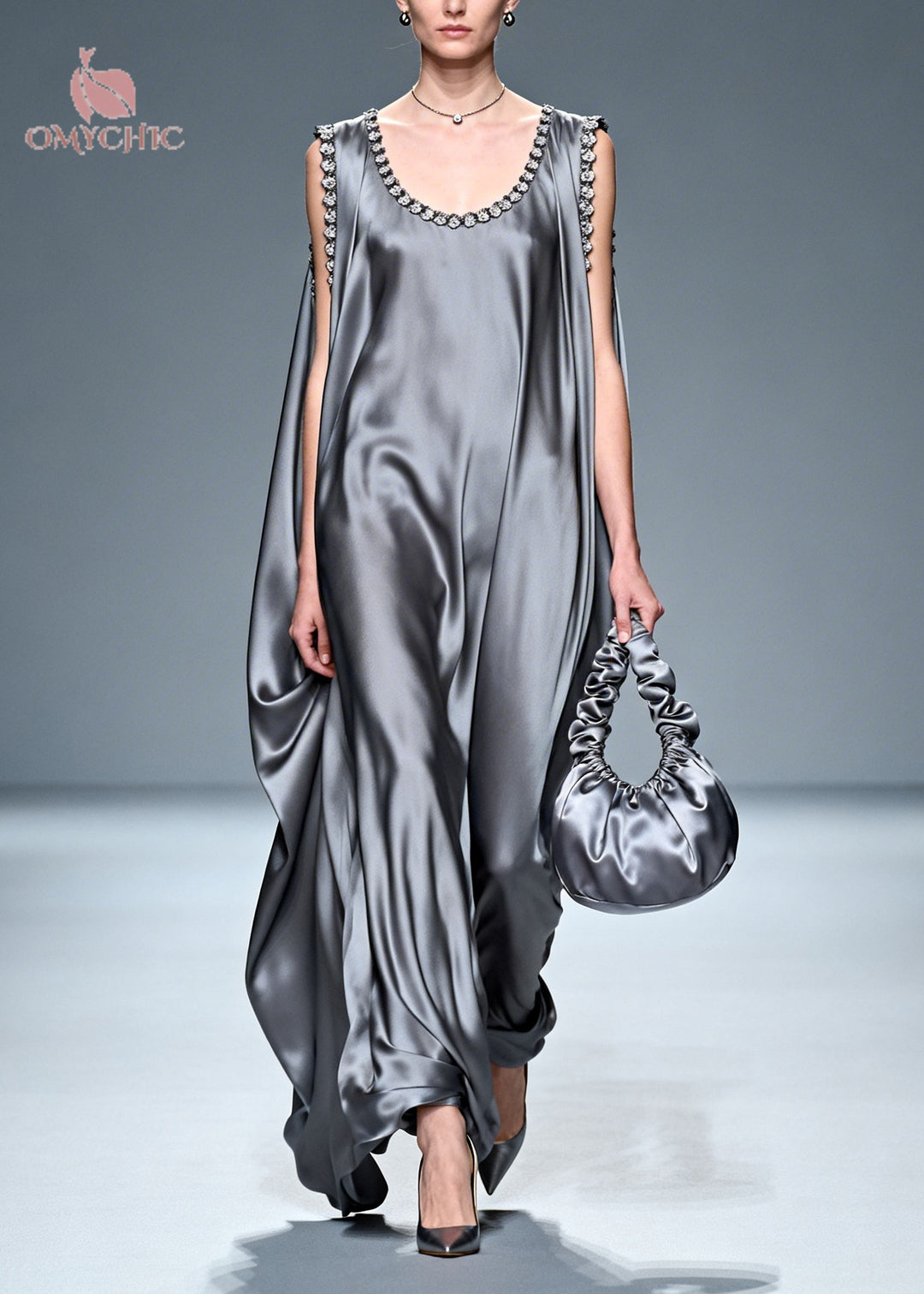 Fitted Grey Oversized Draping Silk Vacation Dresses Sleeveless