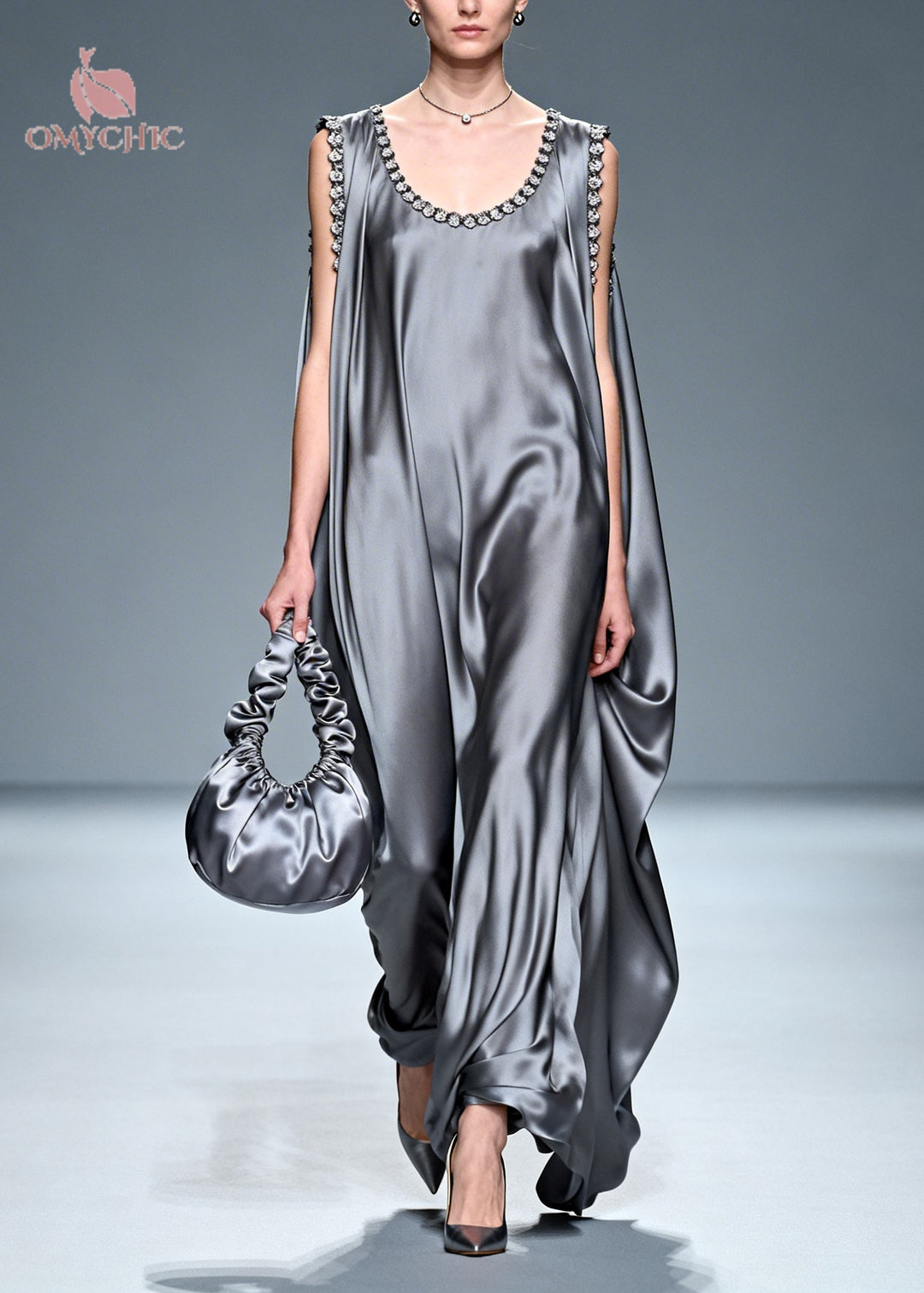 Fitted Grey Oversized Draping Silk Vacation Dresses Sleeveless