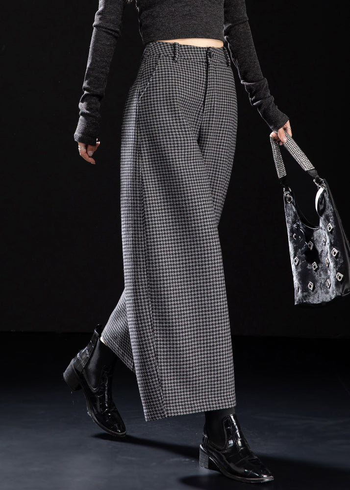 Fitted Grey Plaid Warm Fleece Wide Leg Pants Winter