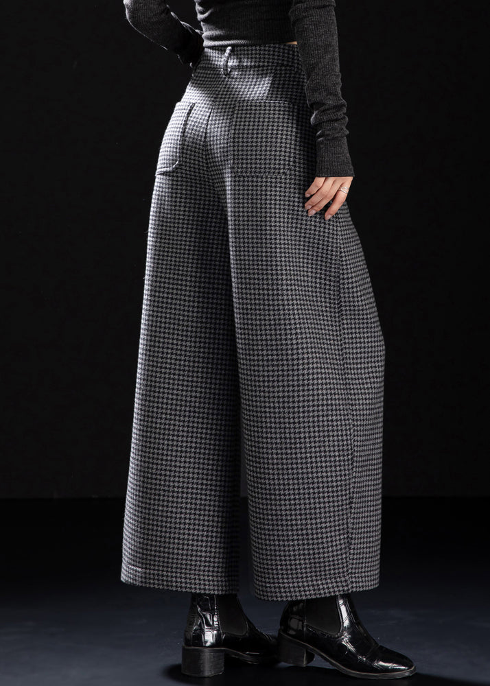 Fitted Grey Plaid Warm Fleece Wide Leg Pants Winter