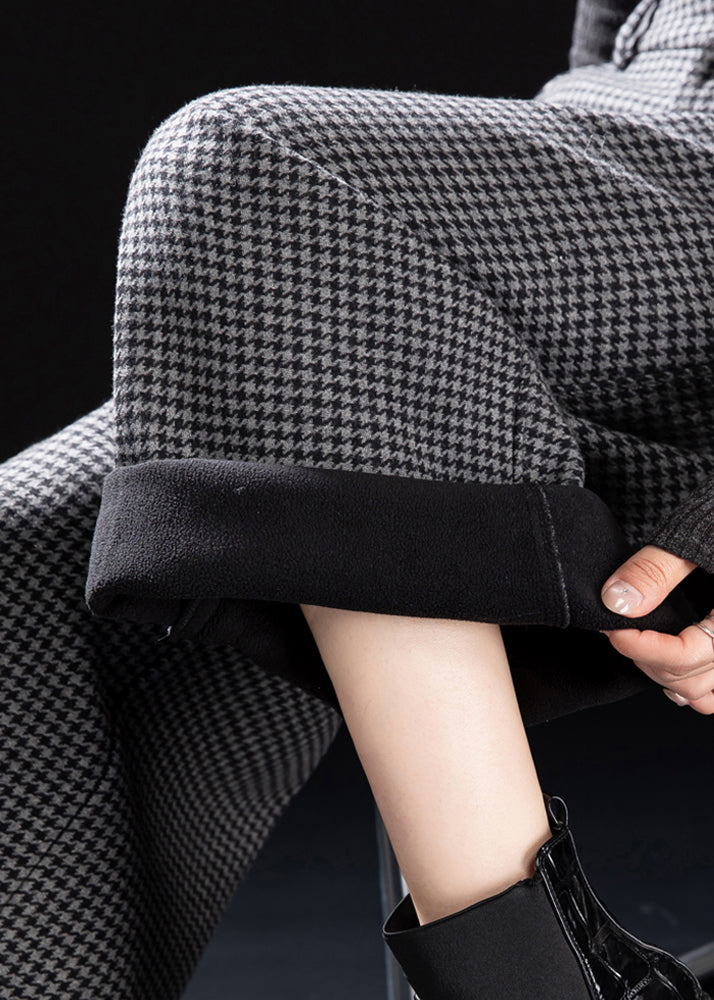 Fitted Grey Plaid Warm Fleece Wide Leg Pants Winter