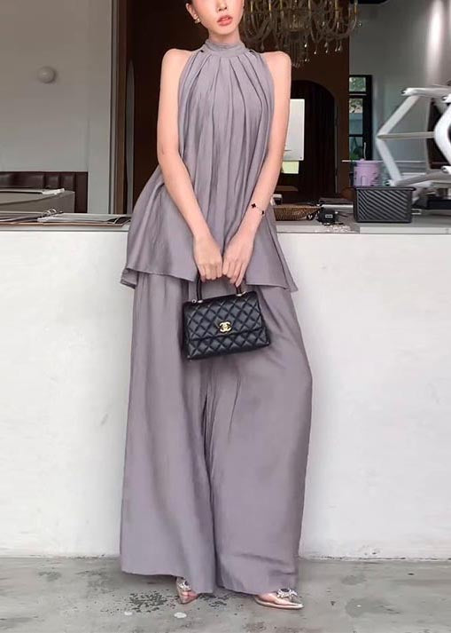 Fitted Grey Stand Collar Cold Shoulder Cotton Two Pieces Set Sleeveless