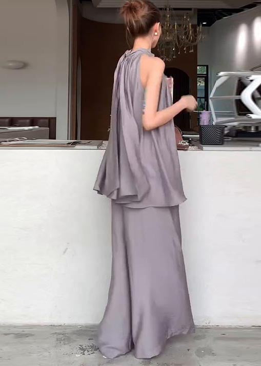Fitted Grey Stand Collar Cold Shoulder Cotton Two Pieces Set Sleeveless