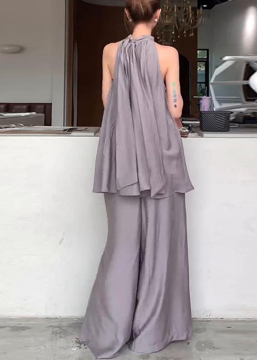 Fitted Grey Stand Collar Cold Shoulder Cotton Two Pieces Set Sleeveless