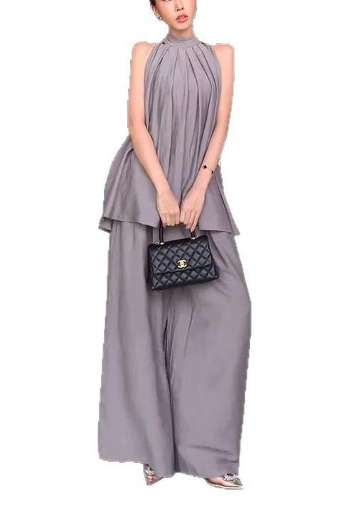 Fitted Grey Stand Collar Cold Shoulder Cotton Two Pieces Set Sleeveless
