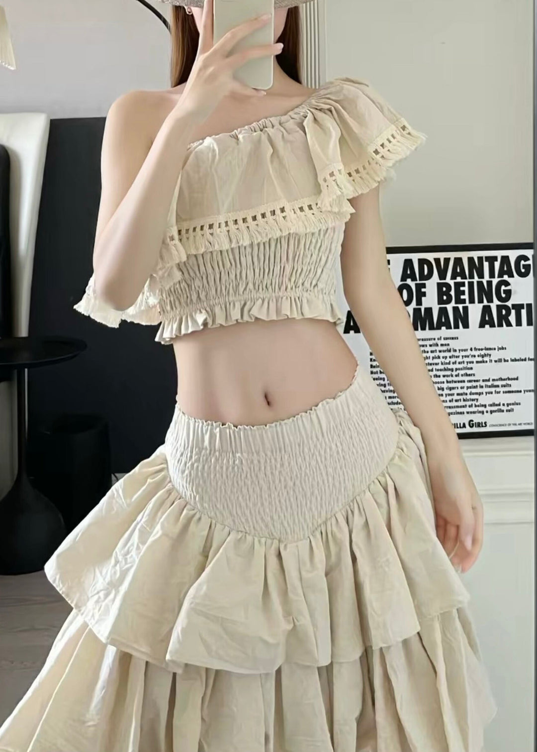 Fitted Khaki Layered Ruffled Lace Up Cotton Three Piece Set Outfits Summer