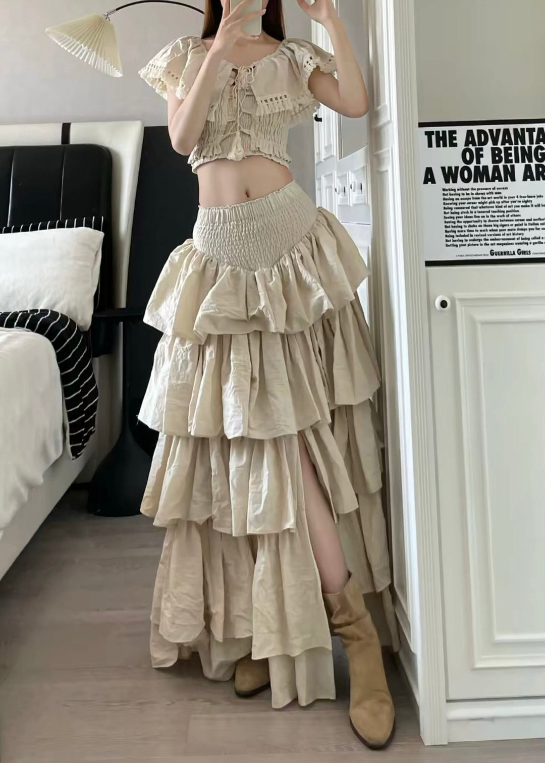 Fitted Khaki Layered Ruffled Lace Up Cotton Three Piece Set Outfits Summer