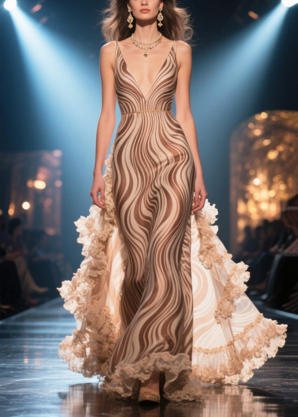 Fitted Khaki Ruffled Striped Chiffon Long Dress Summer